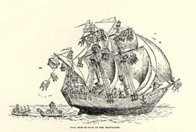 At the peak of the Colonial Revival, antiques that had arrived on the Mayflower seemed so common that the ship must have been awash in furniture, as suggested by this F. Opper cartoon in Bill Nye’s 1894 History of the United States.