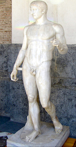 Doryphoros (Spear Bearer) or Canon. Roman copy after an original by the Greek sculptor Polykleitos from c. 450-440 B.C.E., marble, 6'6