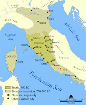 Etruscan civilization map (CC BY-SA 3.0), NormanEinstein - Based on a map from The National Geographic Magazine Vol.173 No.6 June 1988.