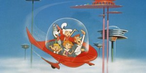 The Jetson family wave as they fly past buildings in space in their spaceship in a still from the animated television series, 'The Jetsons, ' circa 1962. (Photo by Warner Bros./Courtesy of Getty Images)